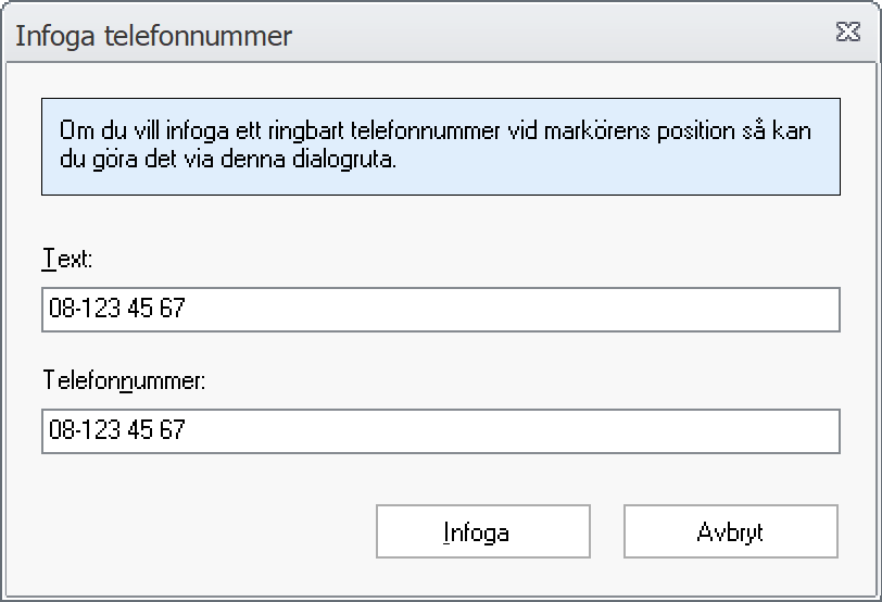 Infoga telefonnummer