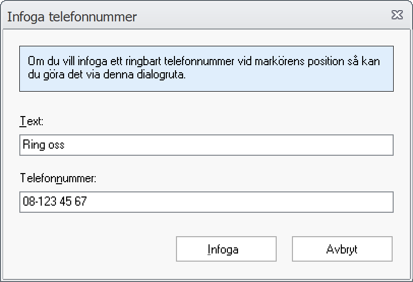 Infoga telefonnummer - Med egen lnktext